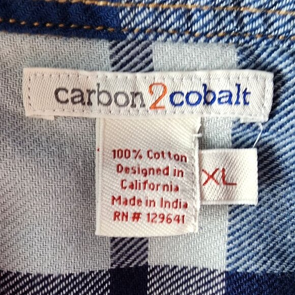 Carbon2Cobalt Mens XL Shirt Flannel Button Plaid Navy Blue White Cotton Preppy - Picture 5 of 8